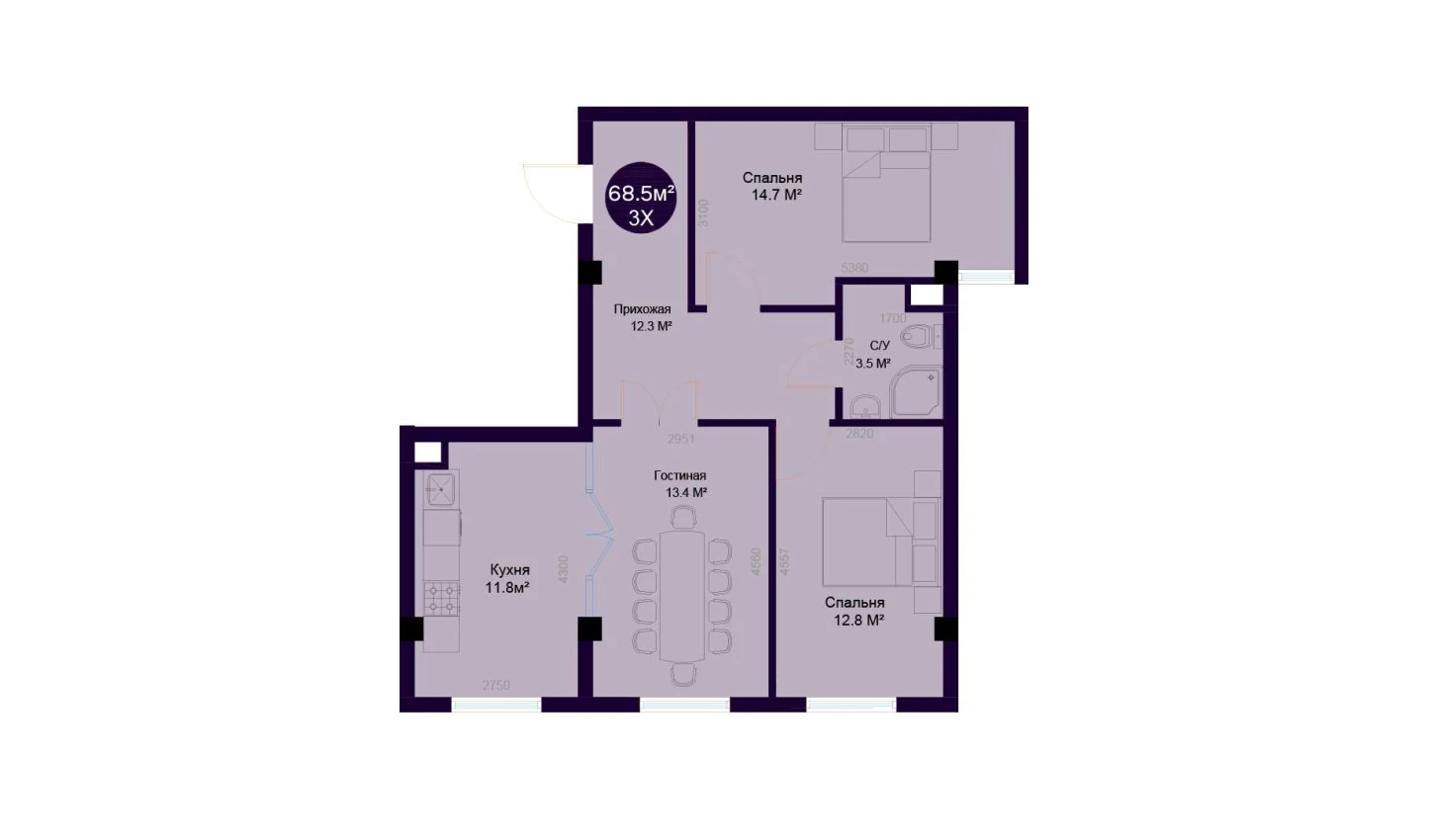 3-комнатная квартира 68.5 м²  1/1 этаж