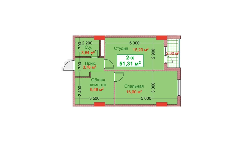 2-комнатная квартира 51.31 м²  3/8 этаж | Жилой комплекс CAPITAL AVENUE