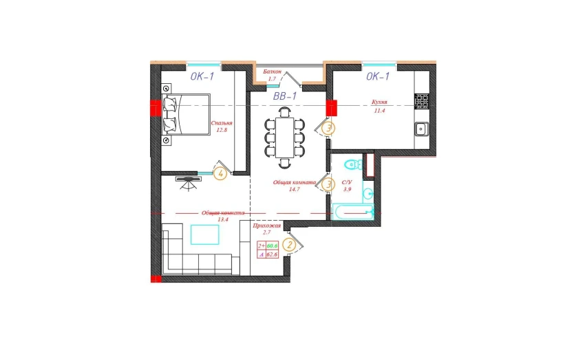 2-комнатная квартира 62.6 м²  3/5 этаж | Жилой комплекс CHINARA PARK