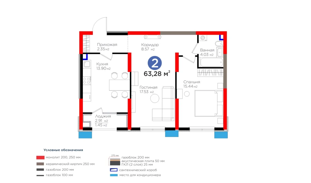 2-комнатная квартира 63.28 м²  1/1 этаж