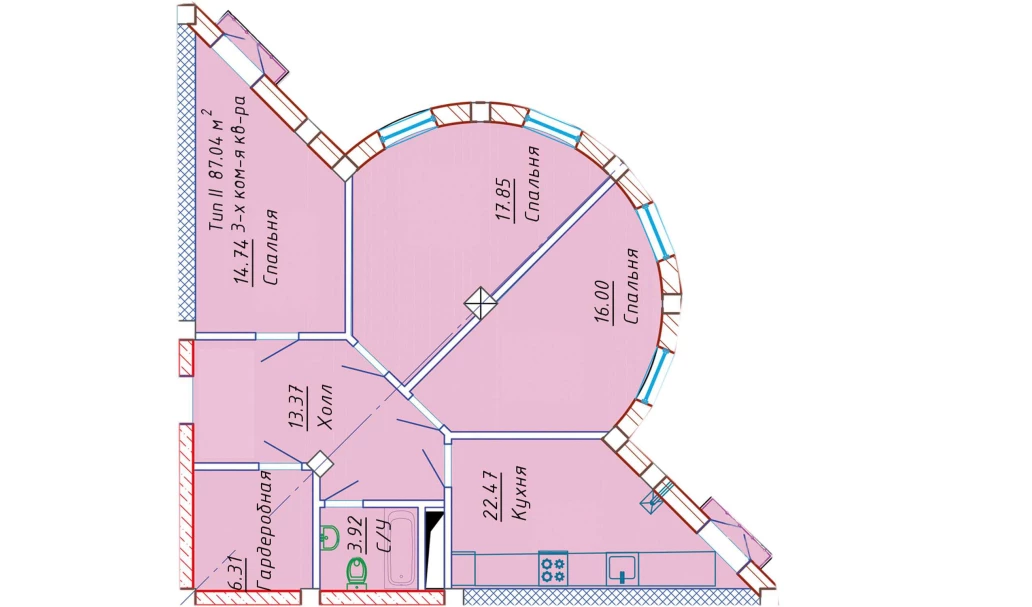 3-xonali xonadon 87.04 m²  6/10 qavat | Samarqand Park Avenue Turar-joy majmuasi