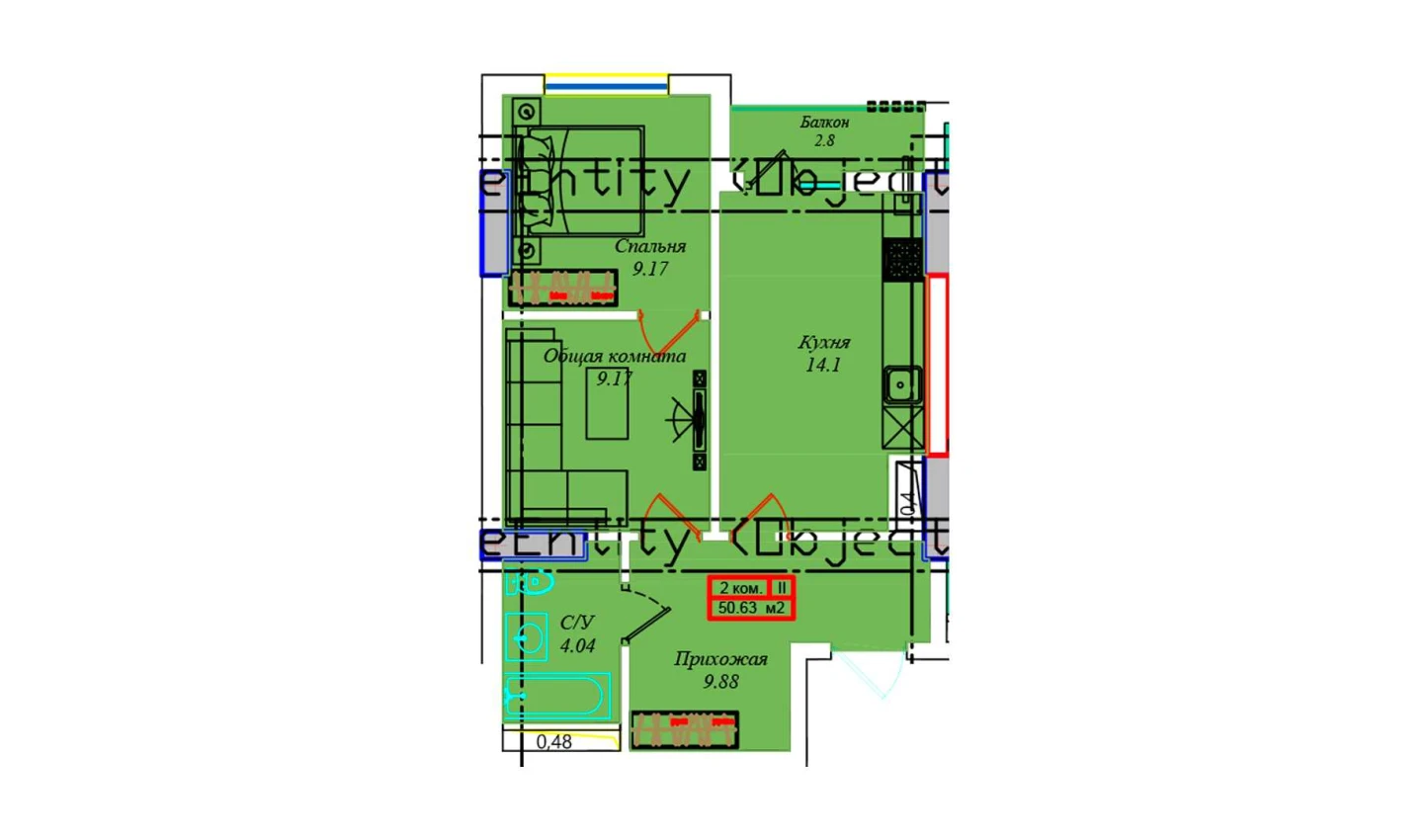 1-комнатная квартира 49.6 м²  3/3 этаж