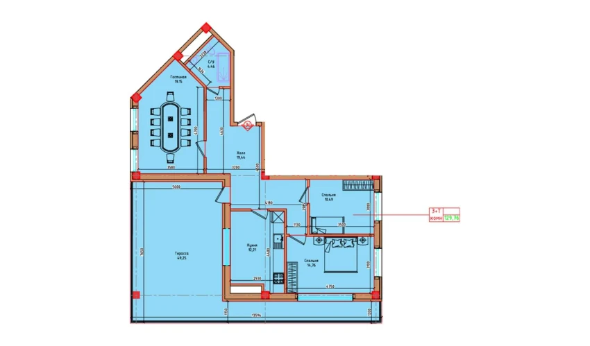 3-xonali xonadon 129.76 m²  8/8 qavat | "Markaz" Turar-joy majmuasi