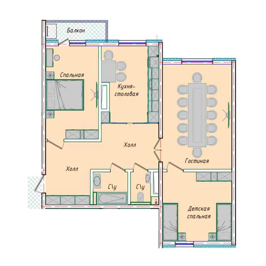 3-комнатная квартира 87.34 м²  1/1 этаж