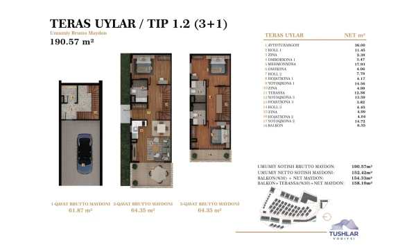 4-комнатная квартира 158.1 м²  1/4 этаж | Жилой комплекс TUSHLAR VODIYSI