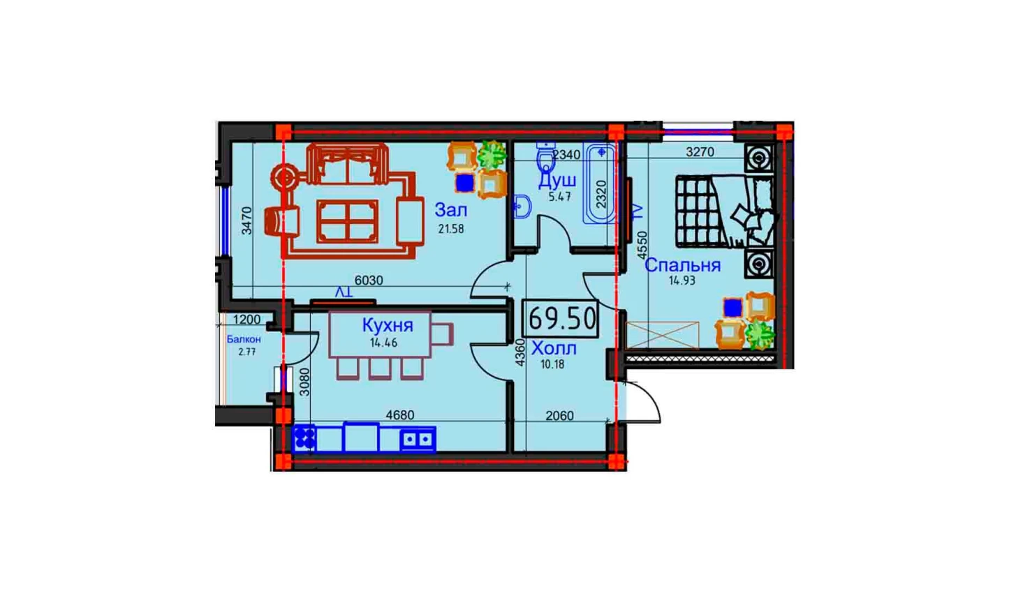 2-комнатная квартира 69.5 м²  8/8 этаж