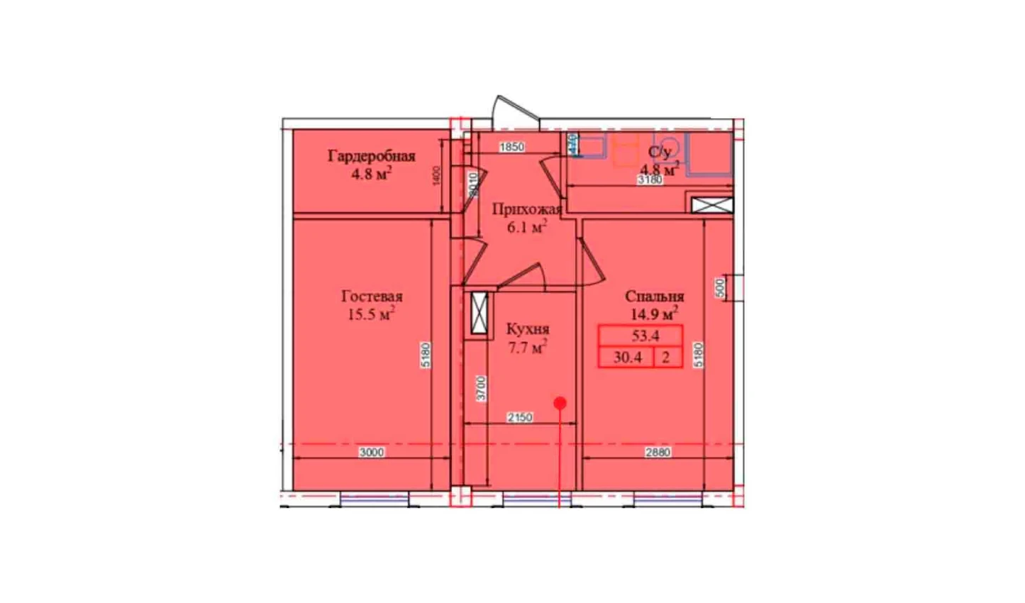 2-комнатная квартира 53.4 м²  1/1 этаж