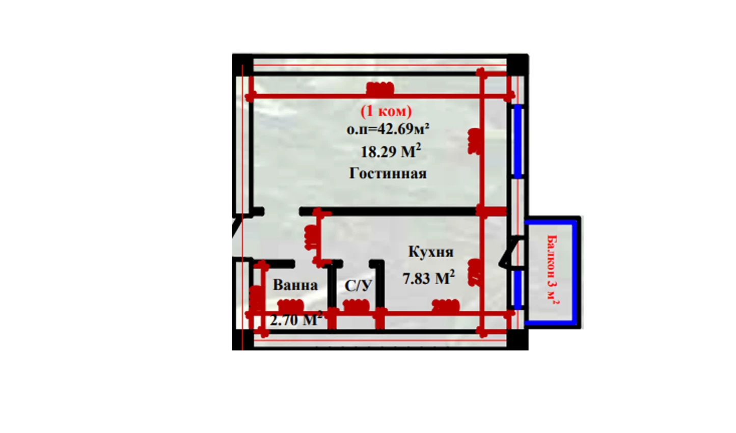 1-xonali xonadon 42.69 m²  2-9/2-9 qavat