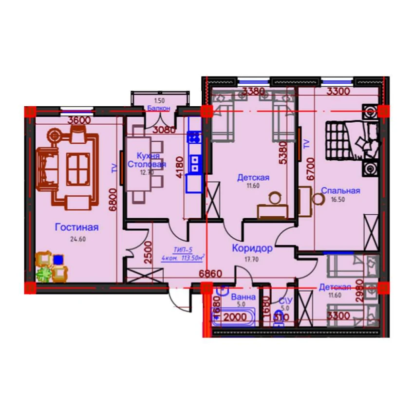 4-комнатная квартира 113.5 м²  10/10 этаж