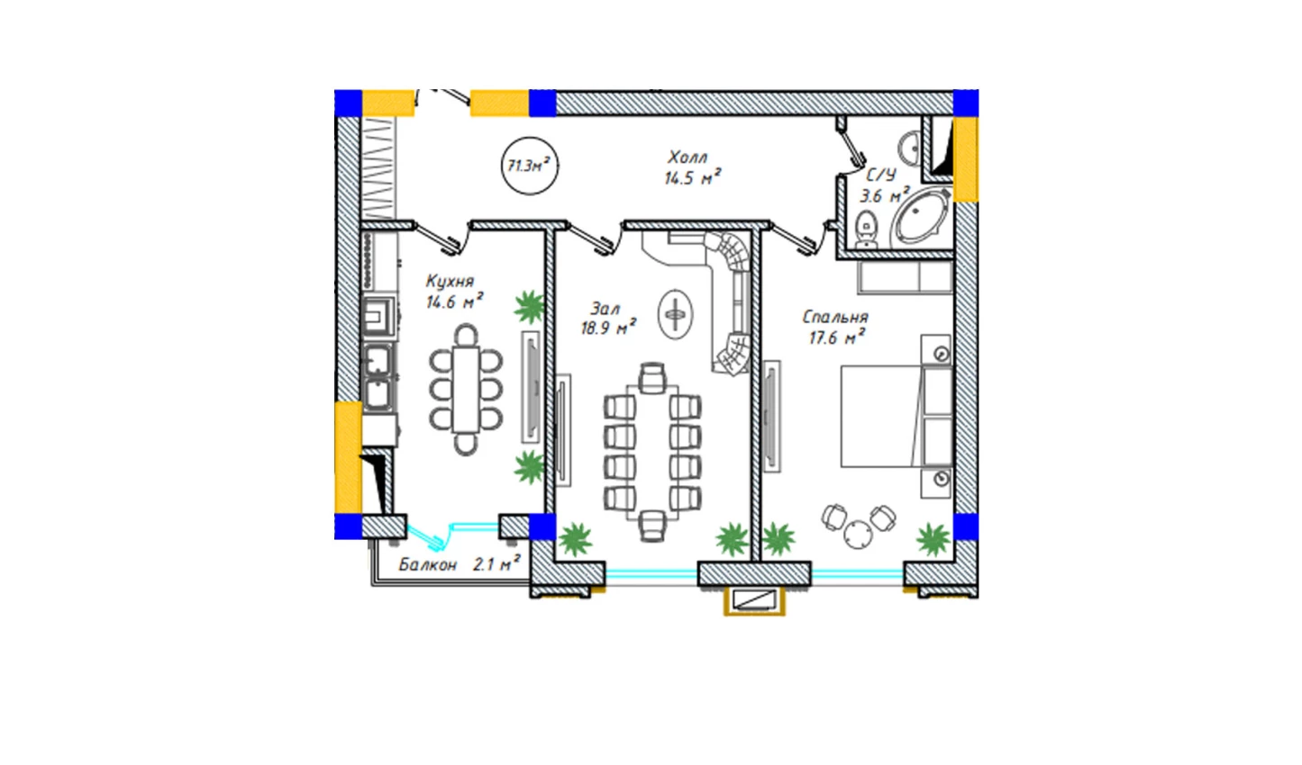 2-комнатная квартира 71.8 м²  5/5 этаж