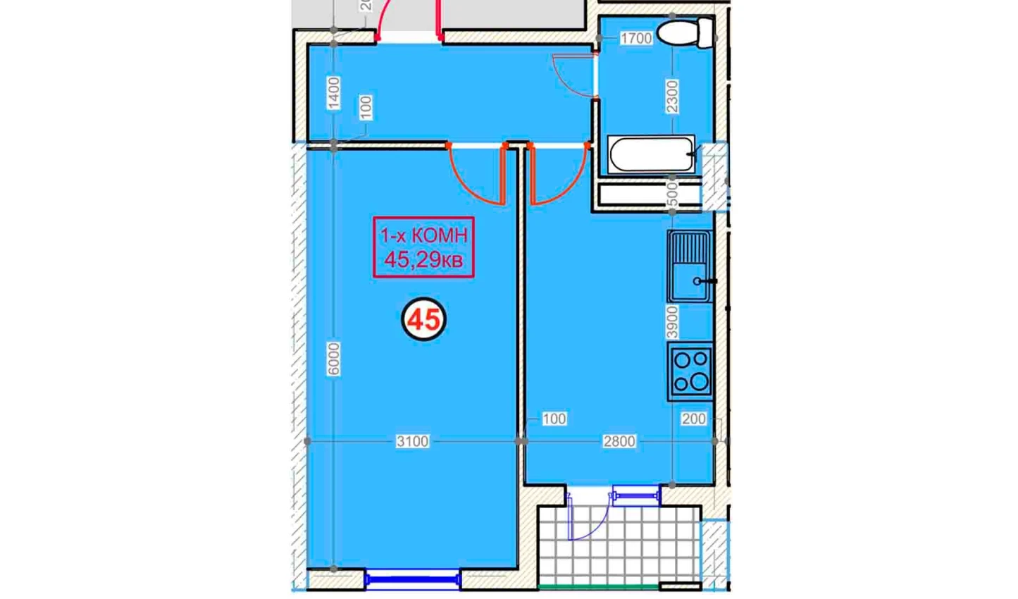 1-комнатная квартира 45.29 м²  2/2 этаж