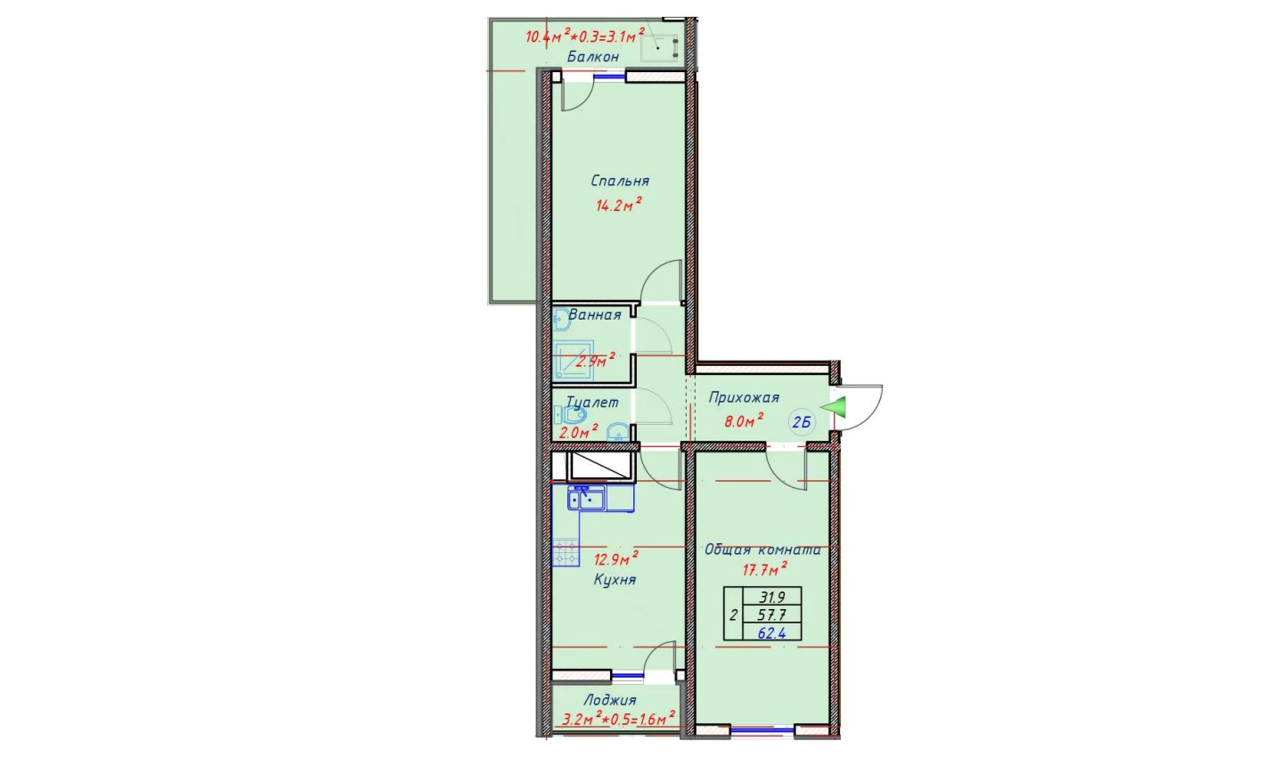 2-комн. квартира 62.4 м²  11/16 этаж | Жилой комплекс TRINITY