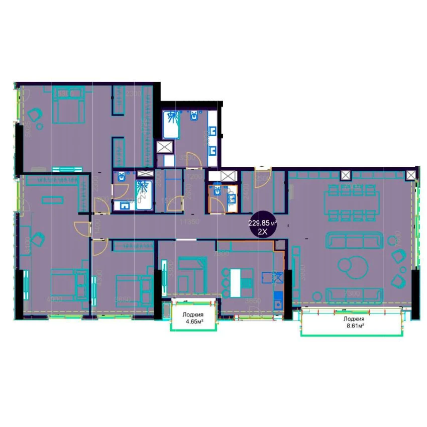 2-комнатная квартира 229.85 м²  22/22 этаж