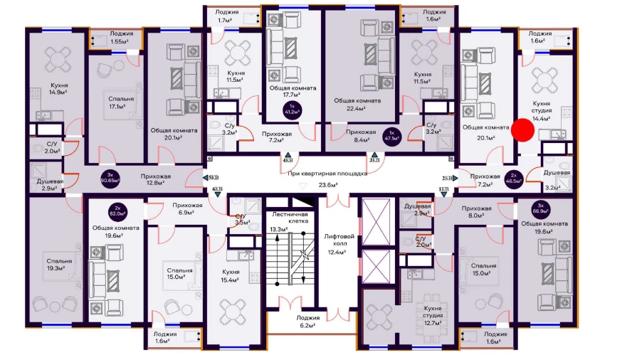 2-комнатная квартира 46.5 м²  3/3 этаж