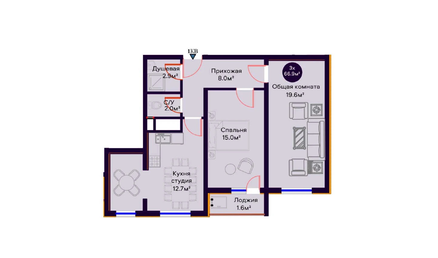 2-комнатная квартира 66.9 м²  13/13 этаж