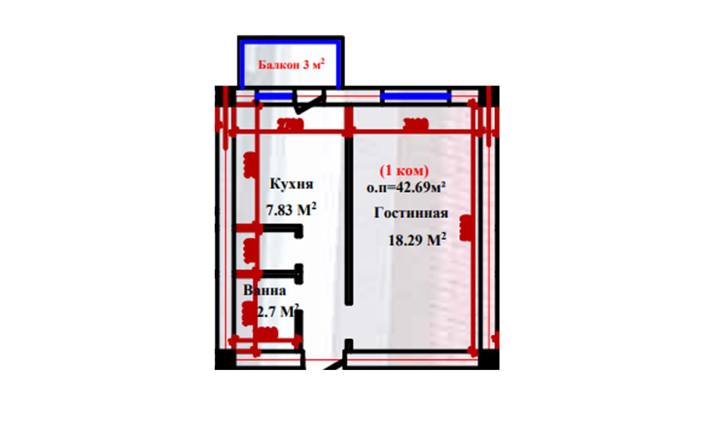 1-xonali xonadon 42.69 m²  1/1 qavat