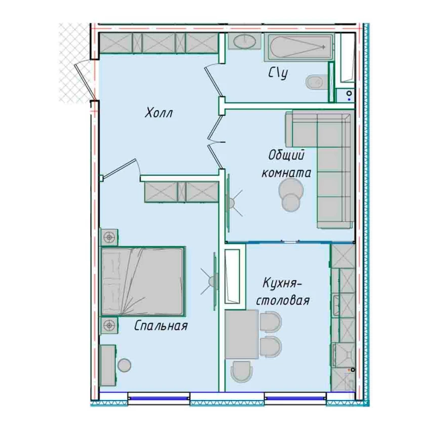 2-комнатная квартира 50.7 м²  1/1 этаж