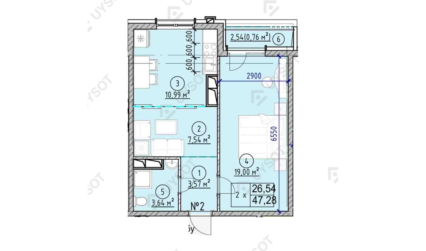 2-комнатная квартира 47.28 м²  3/3 этаж