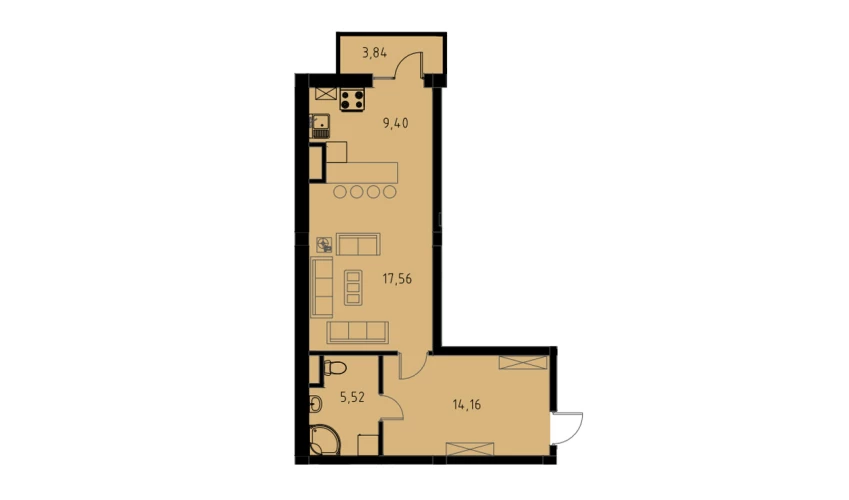 1-комнатная квартира 47.79 м²  6/6 этаж