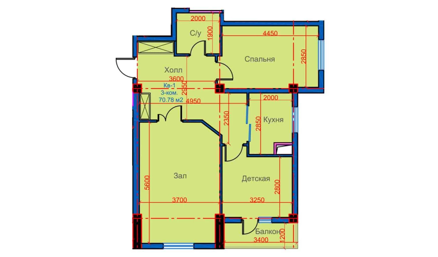 3-комнатная квартира 70.78 м²  3/3 этаж