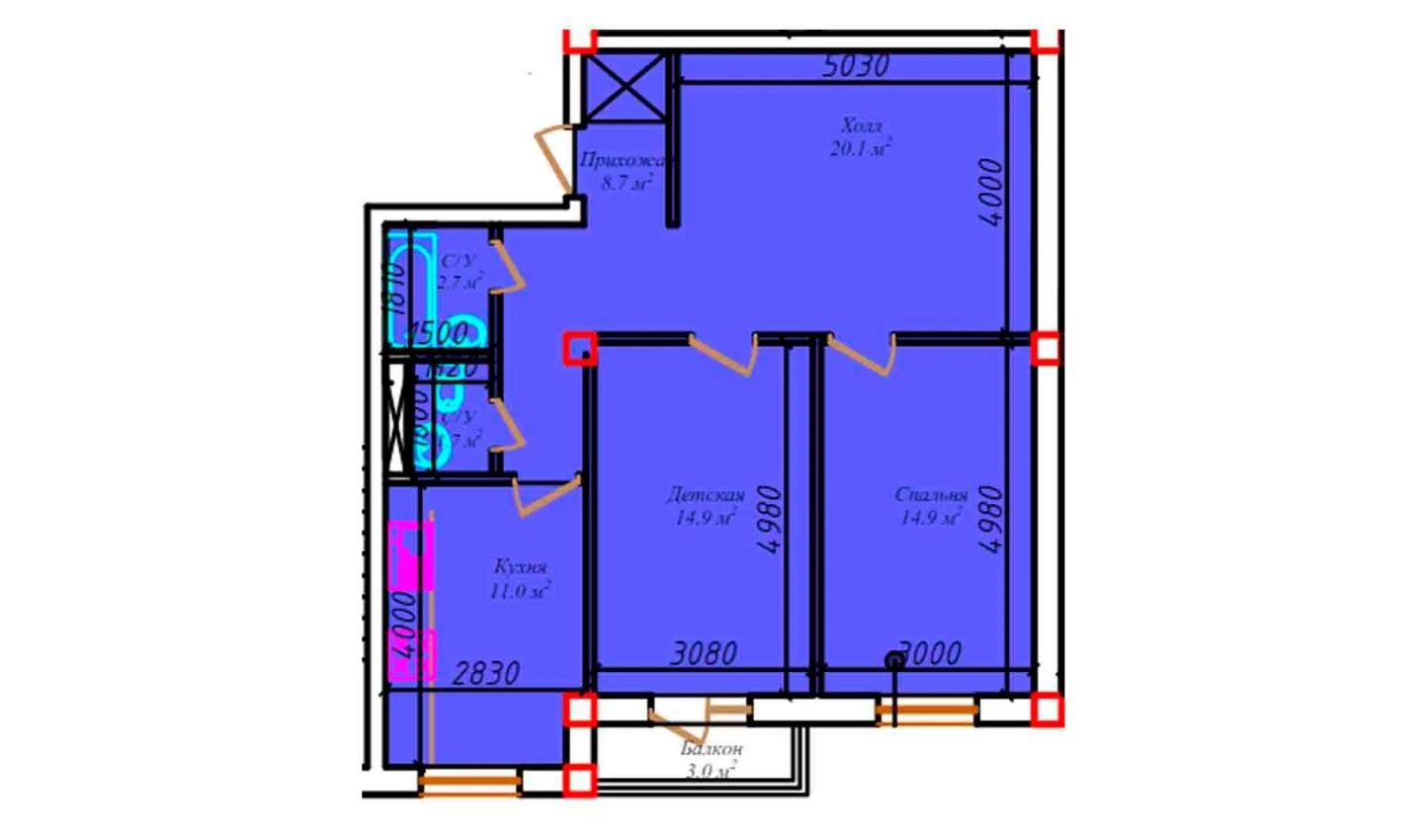 3-xonali xonadon 78.3 m²  5/5 qavat