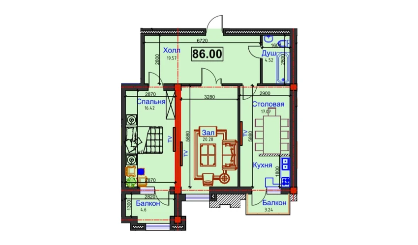 2-комнатная квартира 86 м²  7/12 этаж | Жилой комплекс GAGARIN AVENUE