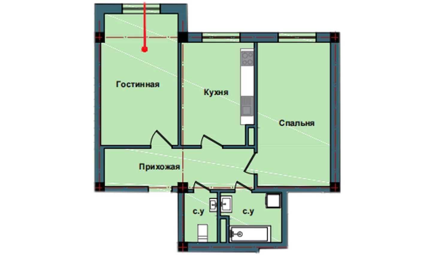 2-комнатная квартира 71.3 м²  2/2 этаж