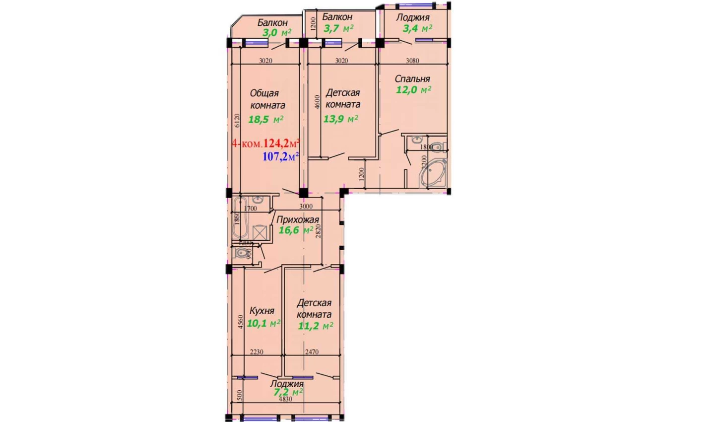 4-комнатная квартира 124.2 м²  2/2 этаж