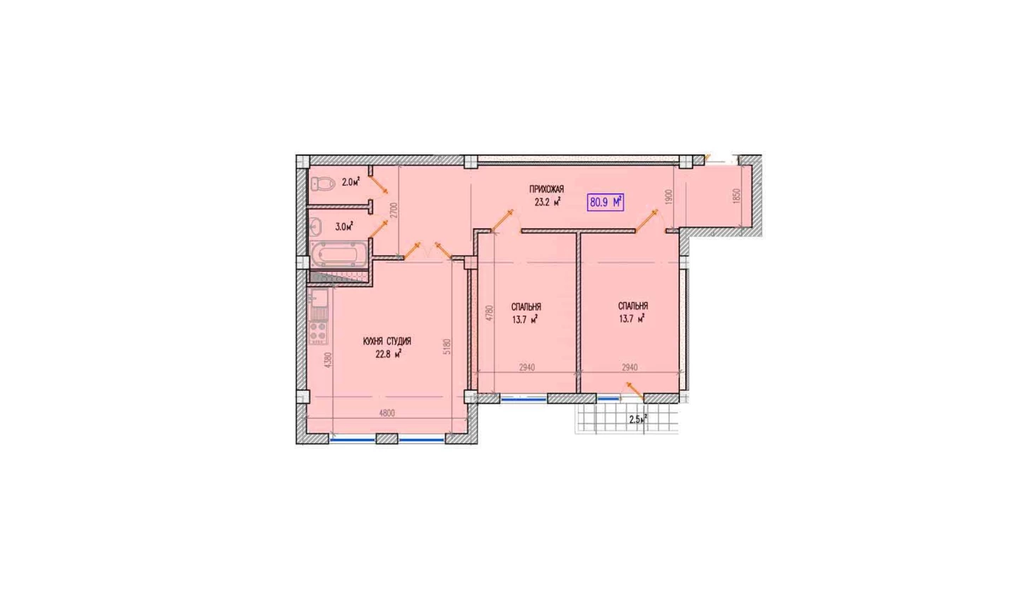 3-комнатная квартира 80.9 м²  3/3 этаж