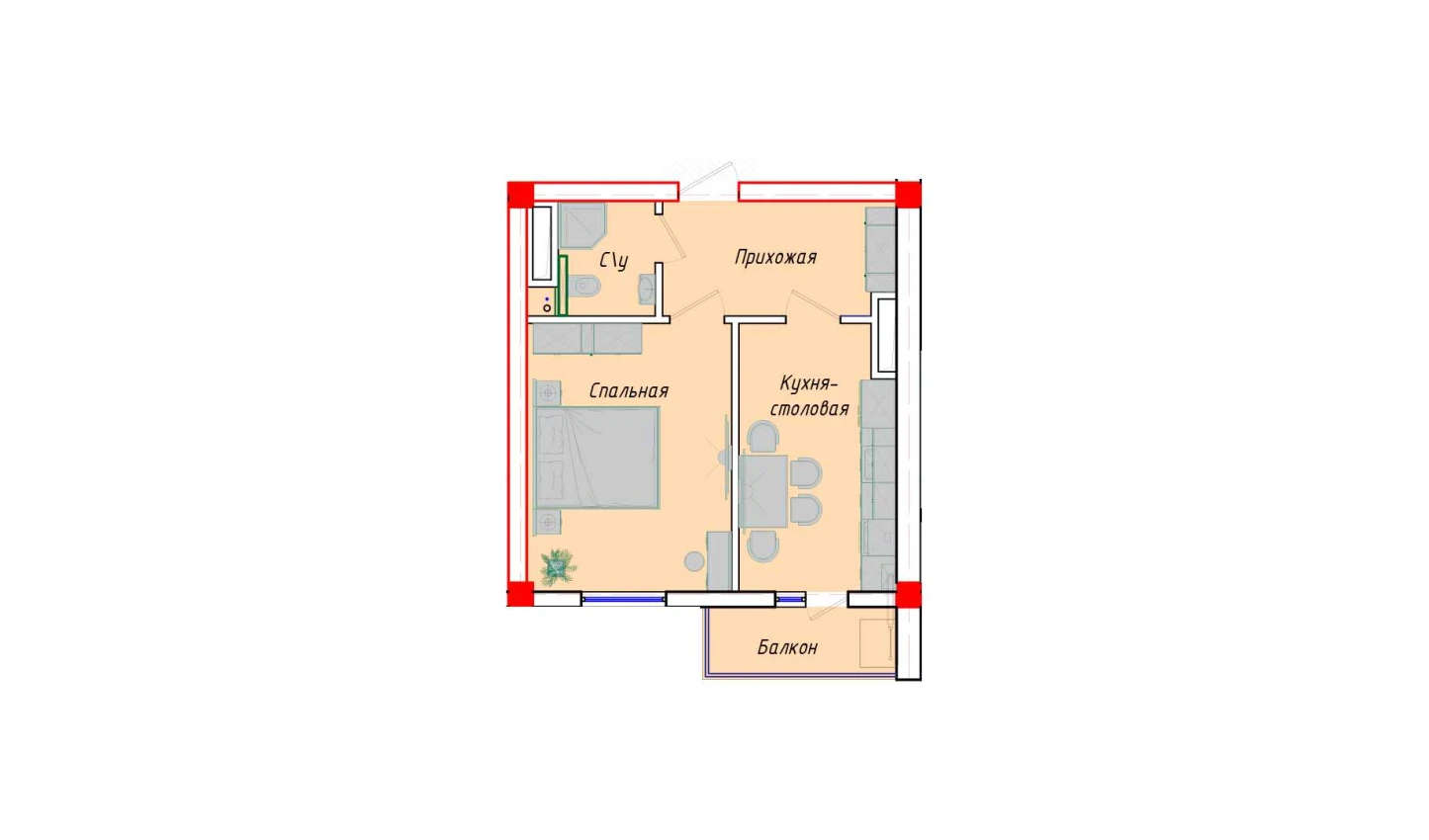 1-комнатная квартира 40.69 м²  5/5 этаж