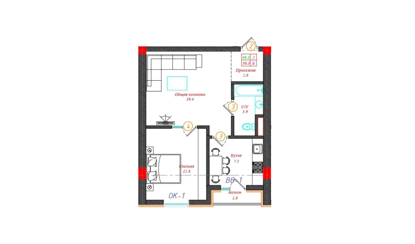 2-xonali xonadon 50.3 m²  3/5 qavat | CHINARA PARK Turar-joy majmuasi