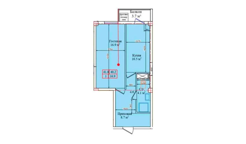 1-комнатная квартира 41.8 м²  3/3 этаж