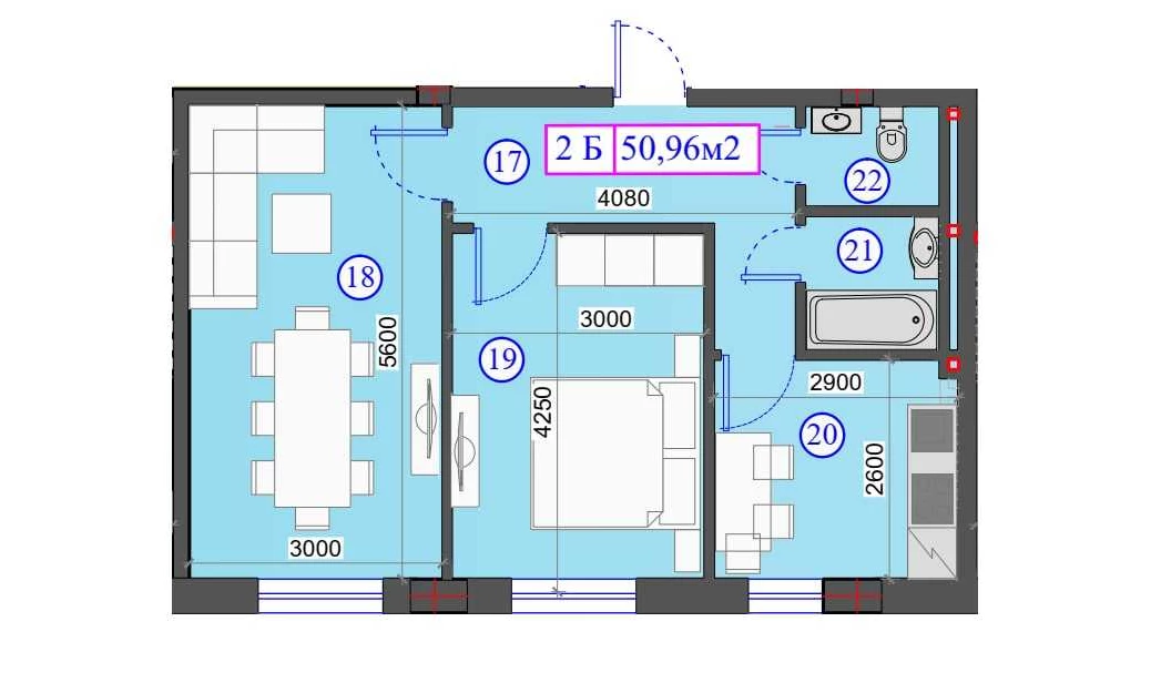 2-комнатная квартира 50.96 м²  0/0 этаж