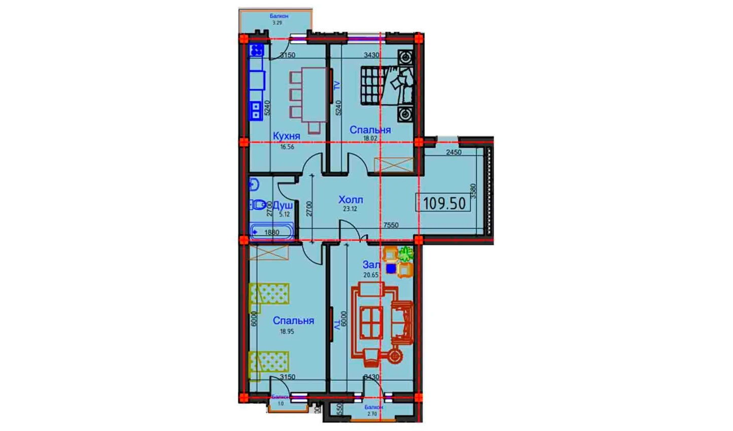 3-xonali xonadon 109.5 m²  5/5 qavat