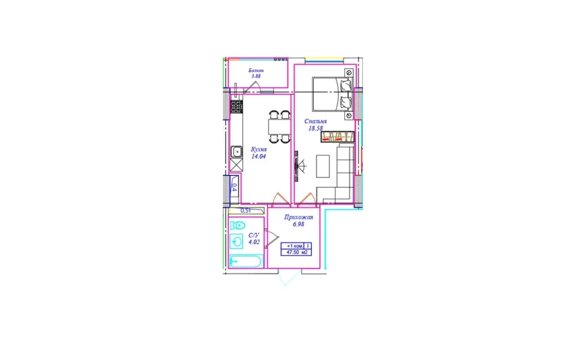 1-комнатная квартира 47.5 м²  7/16 этаж | Жилой комплекс UCHTEPA CITY