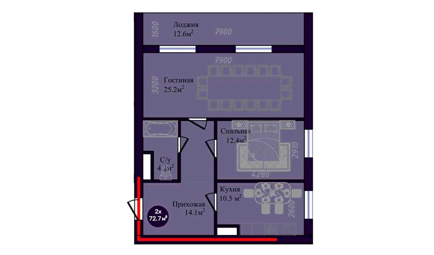 2-комнатная квартира 72.7 м²  8/8 этаж