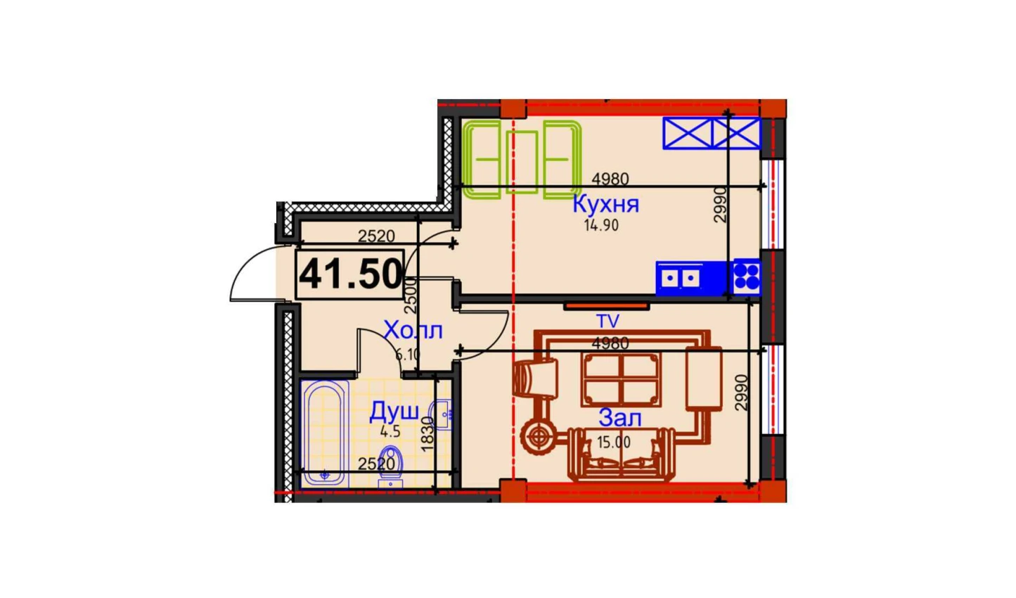 1-комнатная квартира 41.5 м²  1/1 этаж