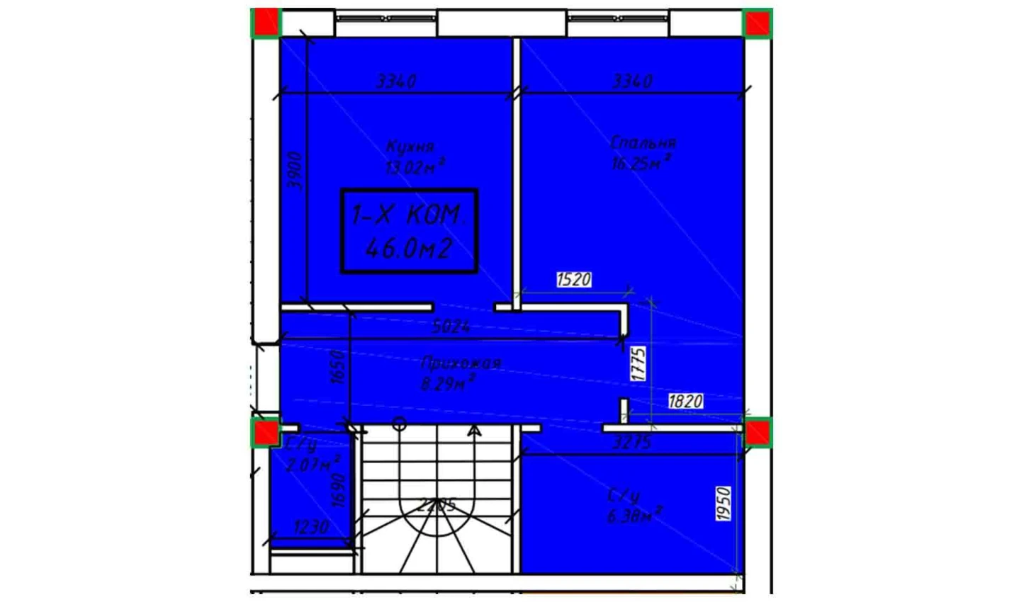 1-xonali xonadon 46 m²  1/1 qavat