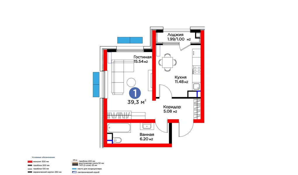 1-комнатная квартира 39.3 м²  5/5 этаж