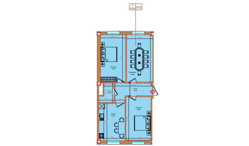 3-комнатная квартира 76.96 м²  1/8 этаж | Жилой комплекс "Markaz"