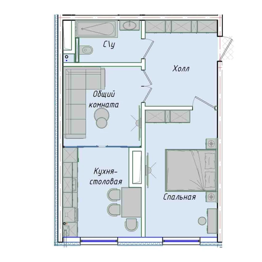 2-комнатная квартира 50.7 м²  1/1 этаж