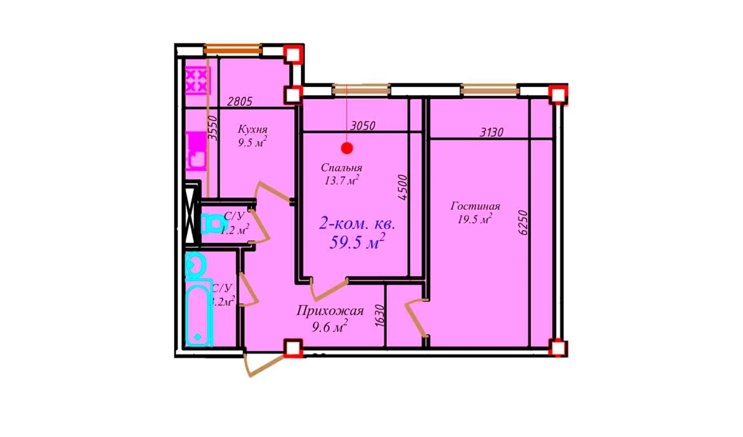 2-xonali xonadon 59.5 m²  1/1 qavat