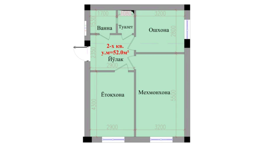 2-xonali xonadon 52 m²  1/1 qavat