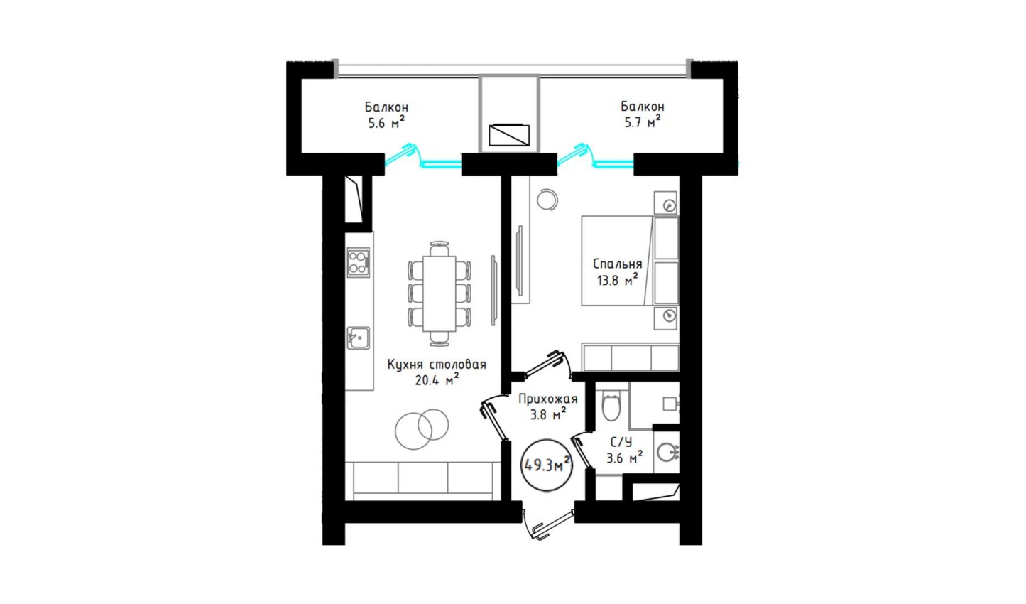 1-комнатная квартира 49.3 м²  7/7 этаж