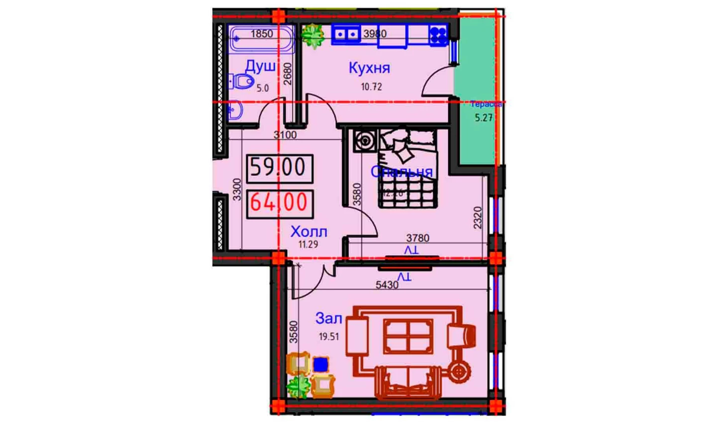 2-комнатная квартира 64 м²  9/9 этаж