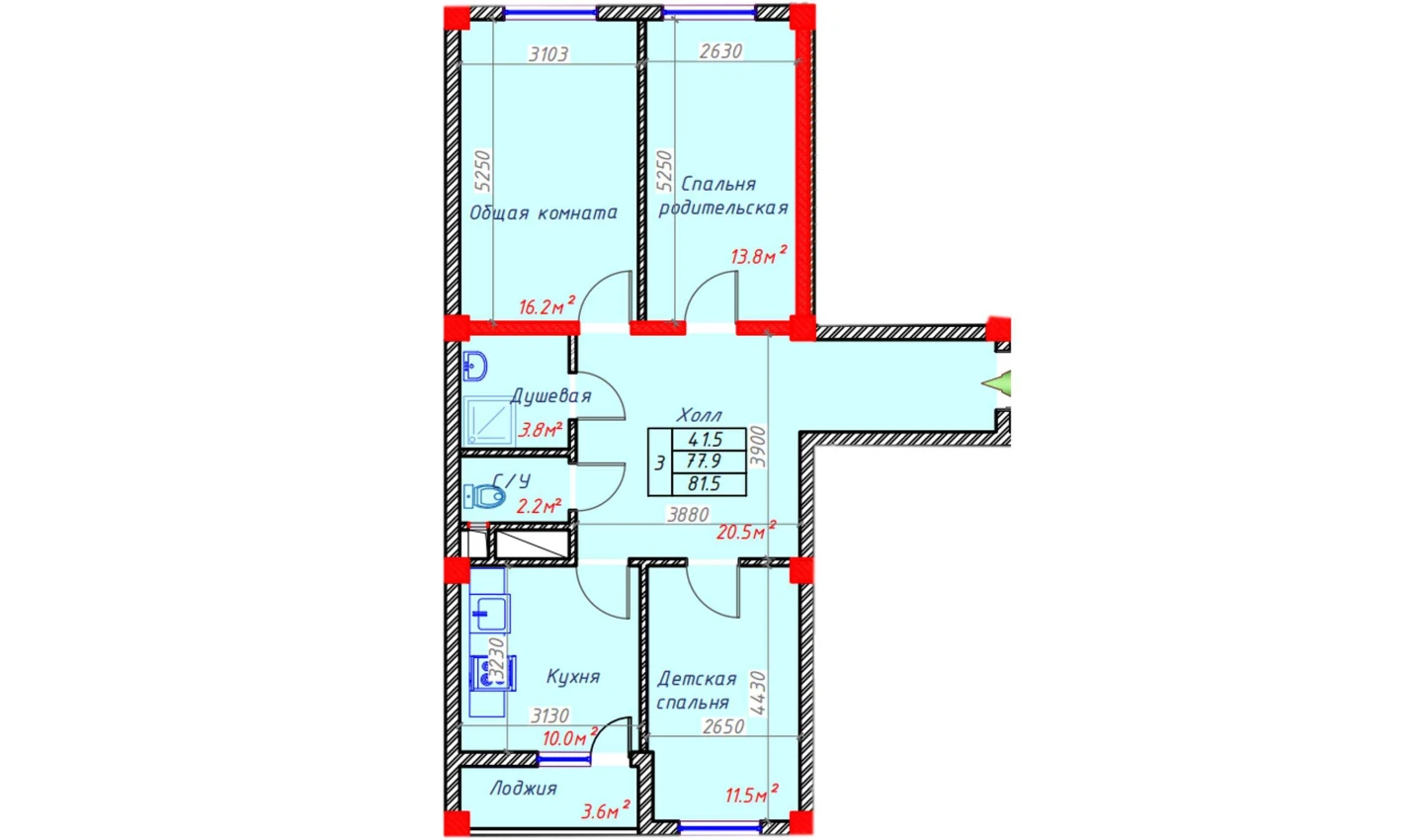 3-комнатная квартира 81.5 м²  3/3 этаж