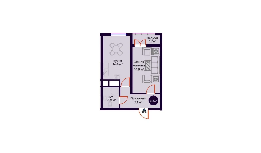 1-комнатная квартира 41.7 м²  6/16 этаж | Жилой комплекс Crystal Avenue