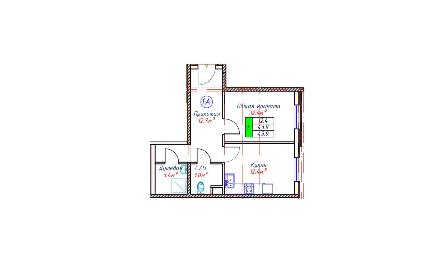 1-комнатная квартира 43.9 м²  1/1 этаж