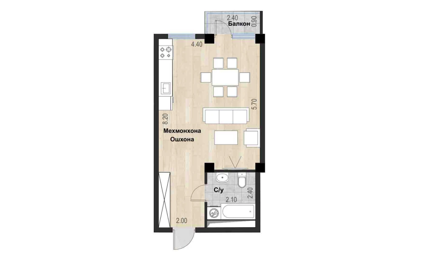 1-xonali xonadon 73.94 m²  7/7 qavat | Bochka Resort Turar-joy majmuasi