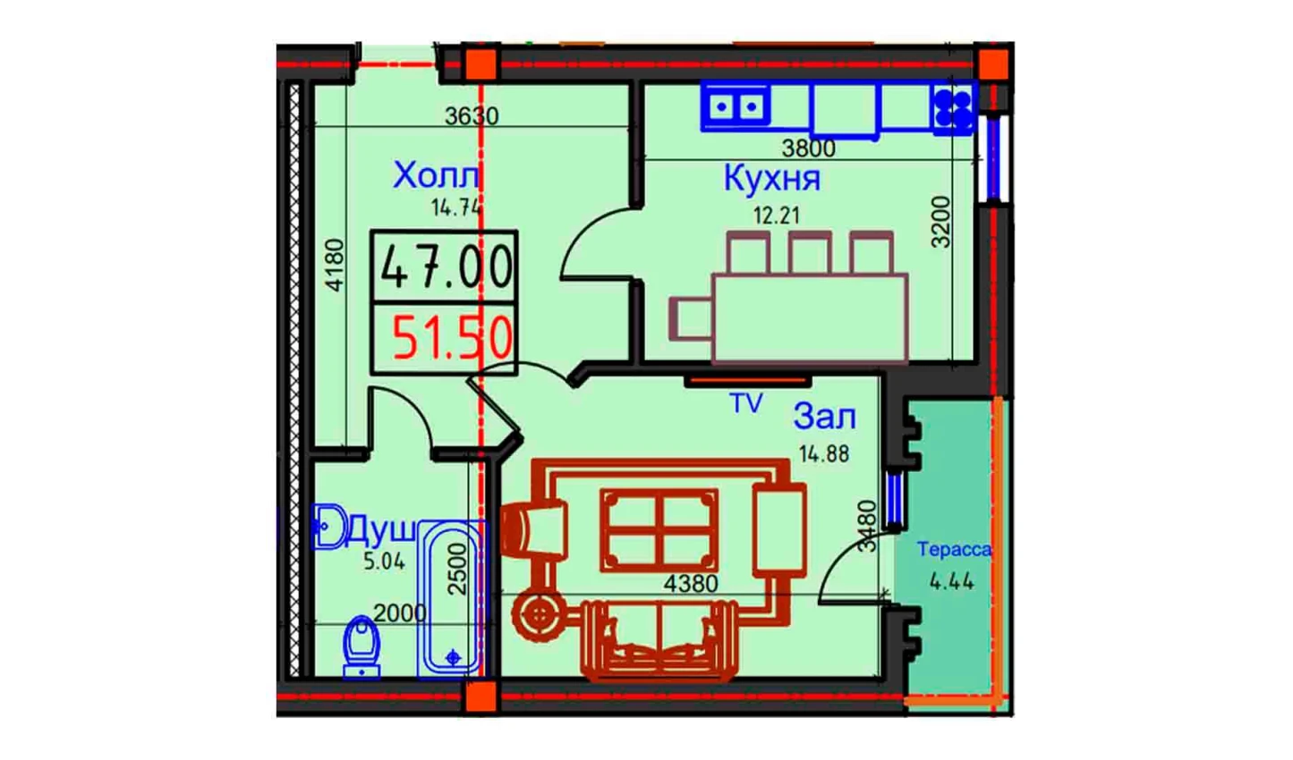 1-комнатная квартира 51.5 м²  9/9 этаж